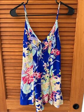 YUMI KIM Blue Floral Silk Romper with Pink and Green Accents